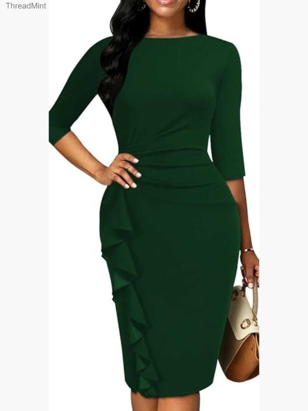 3/4 Sleeve Bodycon Midi Dress Ruffle Pencil Work Church Vintage